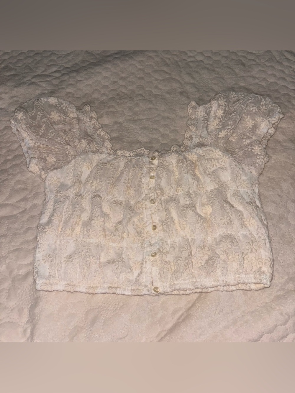 Cream Floral Lace Button-Front girls Top